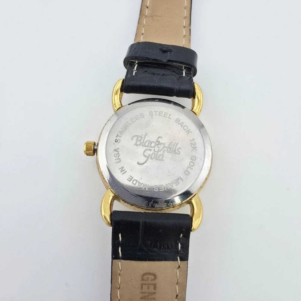 Vtg BLACK HILLS GOLD Ladies Watch 12K Rose & Yellow Gold Leaves Black Band 7.5